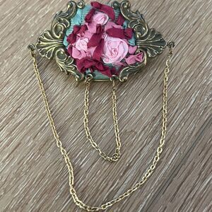 Vintage Ribbon Rose Embroidered Brooch Pin Pendant Brass Tone Floral Shabby Chic